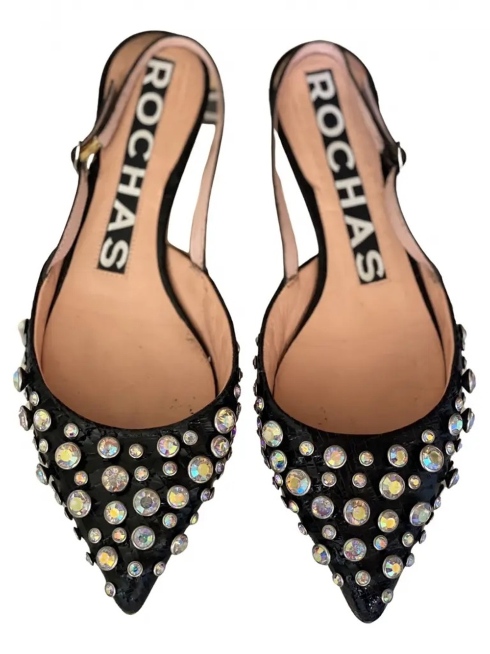 Rochas Black Pointed-Toe Slingback Flats with Iridescent Crystal Studs size 8